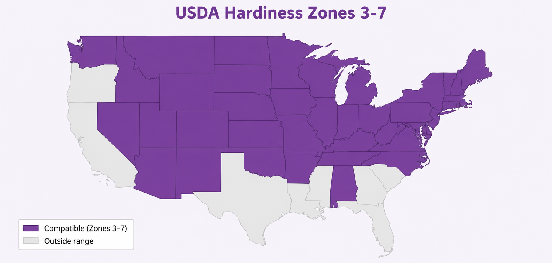 USDA Hardiness Zone map showing compatible growing regions for Bloomerang® Dark Purple - Lilac Tree — Zones 3–7