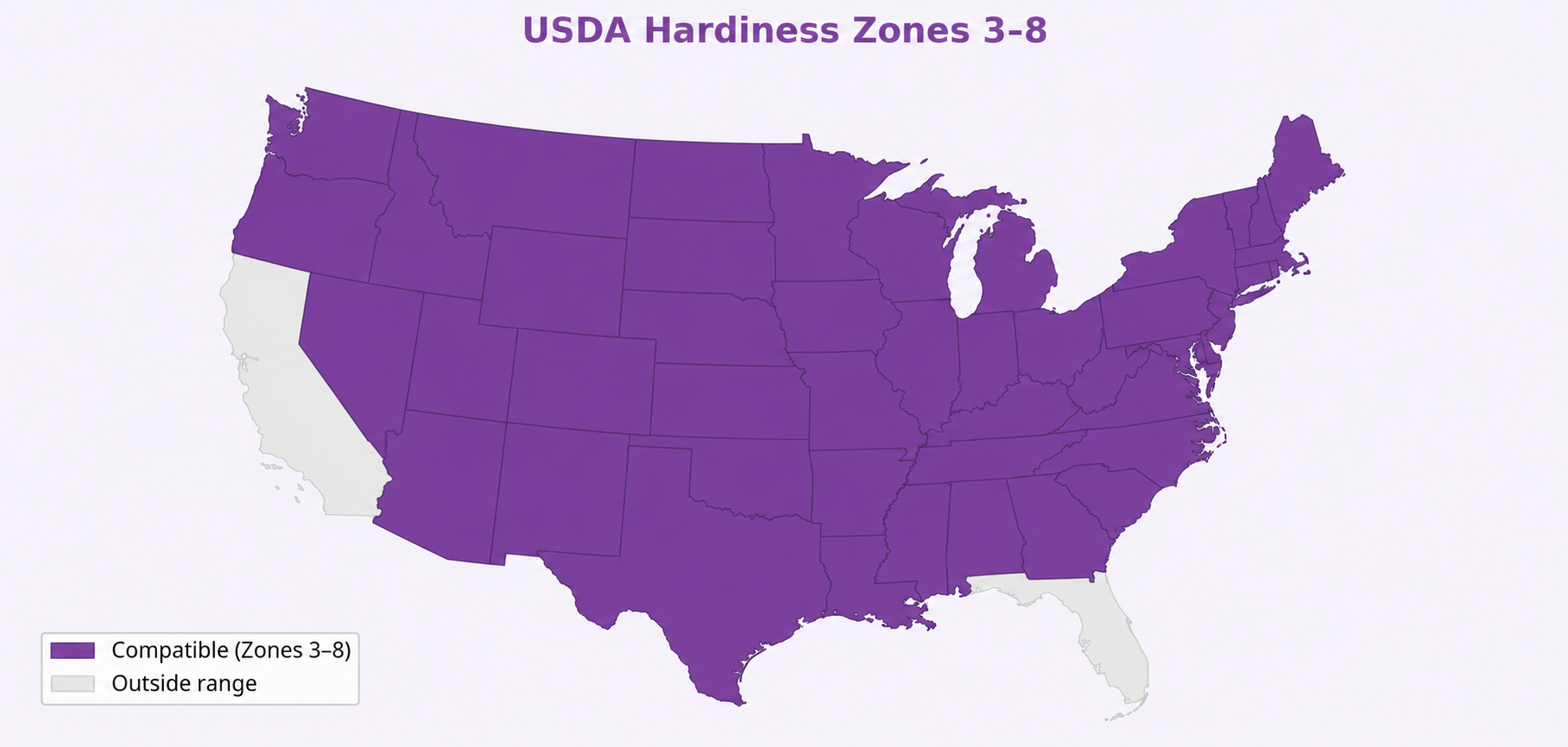 USDA Hardiness Zone map showing compatible growing regions for Limelight - Tree Hydrangea — Zones 3–8