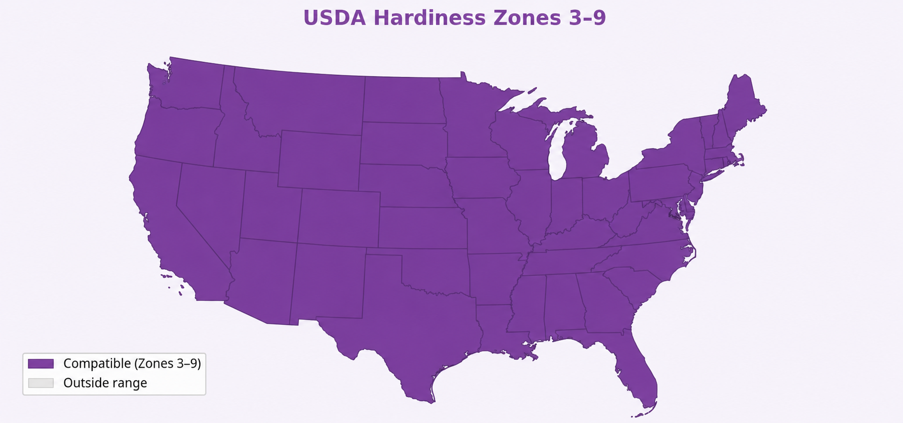 USDA Hardiness Zone map showing compatible growing regions for Little Lime® - Hydrangea Tree — Zones 3–9