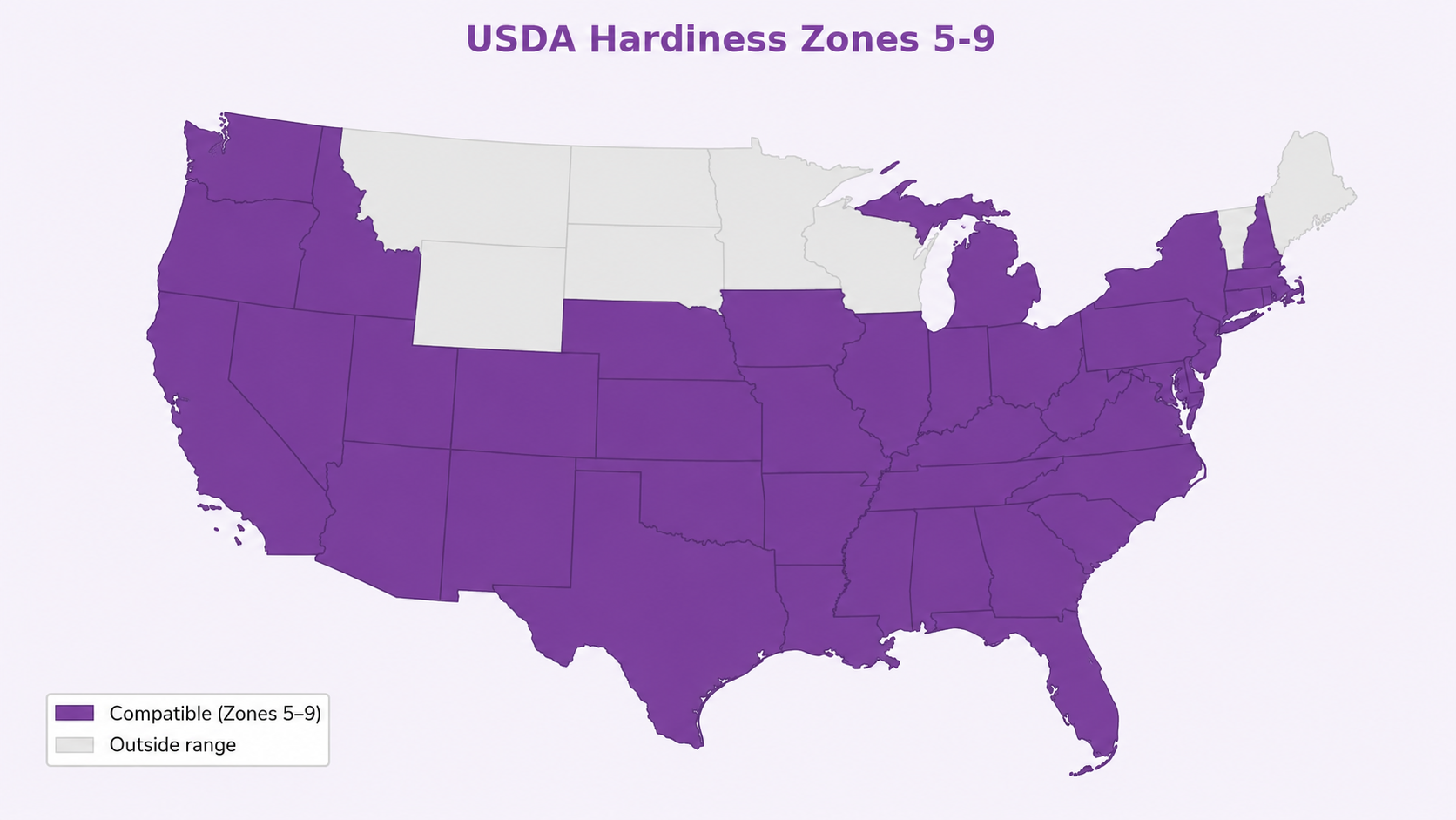 USDA Hardiness Zone map showing compatible growing regions for Chateau® de Versailles - Tree Hibiscus — Zones 5–9